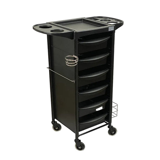 Black utility hairdressers salon trolley with multiple drawers and a tray on a white background