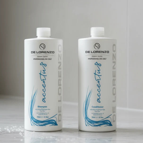 Bottles of delorenzo accentu8 shampoo and conditioner in bathroom