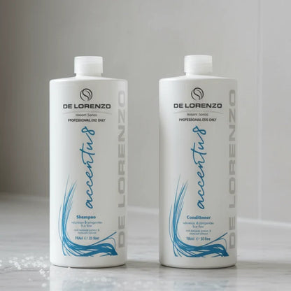 Bottles of delorenzo accentu8 shampoo and conditioner in bathroom