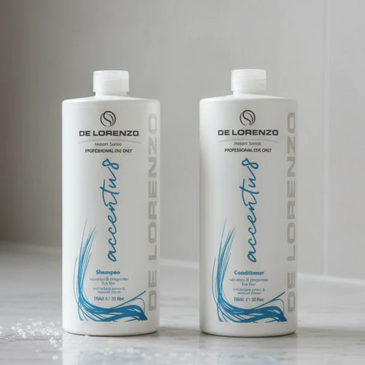 Bottles of delorenzo accentu8 shampoo and conditioner in bathroom