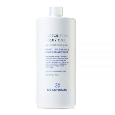 A 960ml bottle of De Lorenzo Prescriptive Solutions Moisture Balance Shampoo with a pump dispenser, predominantly white in color with blue and green text and accents.