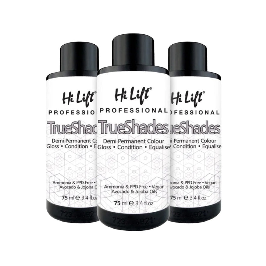 Three bottles of Hi Lift TrueShades hair color on a white background