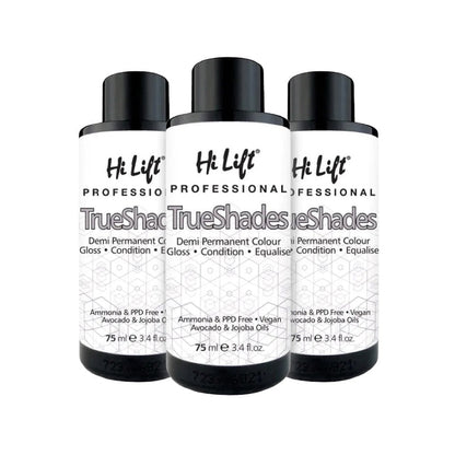 Three bottles of Hi Lift TrueShades hair color on a white background