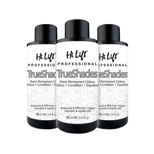 Three bottles of Hi Lift TrueShades hair color on a white background
