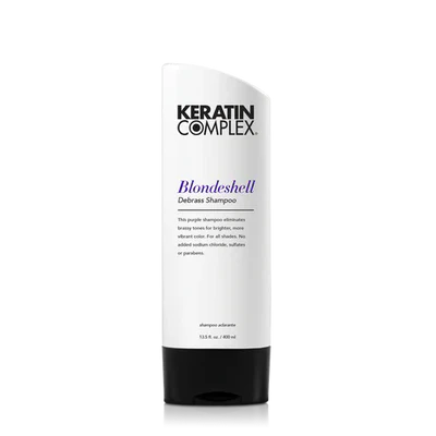 a bottle of keratin complex blondeshell debrass shampoo in 400ml size