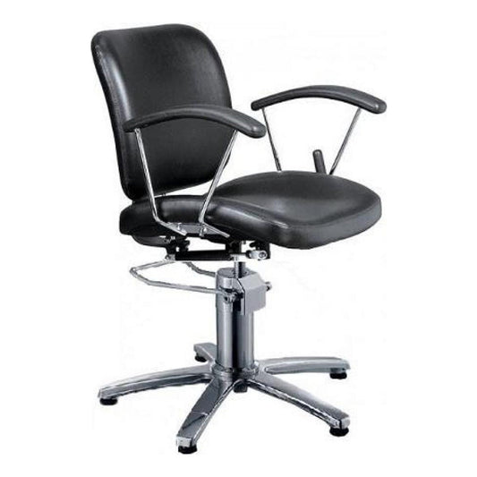 Black salon chair with chrome base on a white background