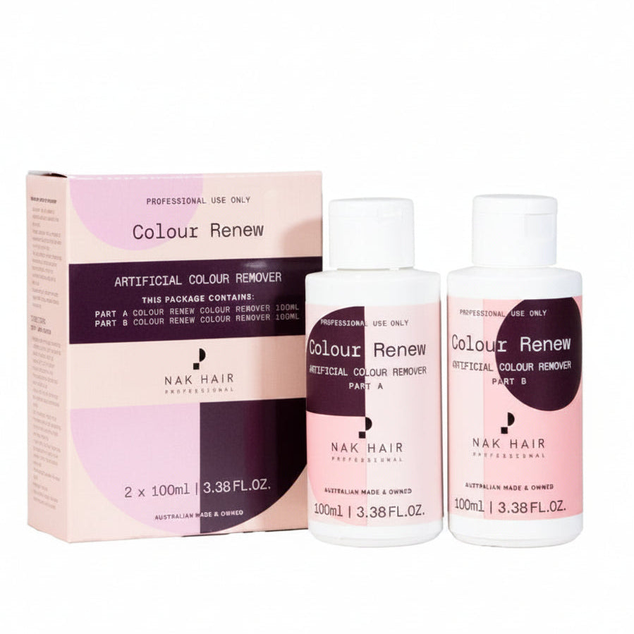 a set of nak hair artificial hair colour remover part a and part b on white background
