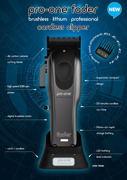 Pro-one fader cordless clipper with features highlighted on a blue technical background