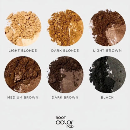 Six circular powder swatches arranged in two rows on a light gray background, labeled Light Blonde, Dark Blonde, Light Blonde, Medium Brown, Dark Brown, and Black. The Root Color Pod logo appears at the bottom.