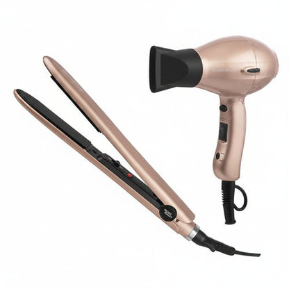Rose gold hair straightener and hair dryer on a white background