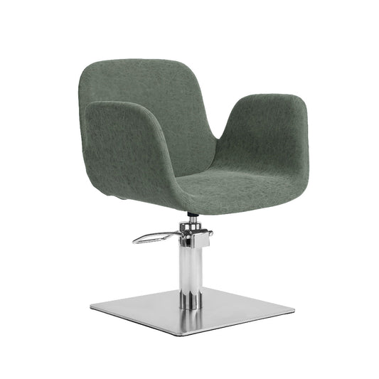A modern salon chair with a textured sage green upholstered seat and backrest, supported by a chrome-plated hydraulic lift base with a square platform.