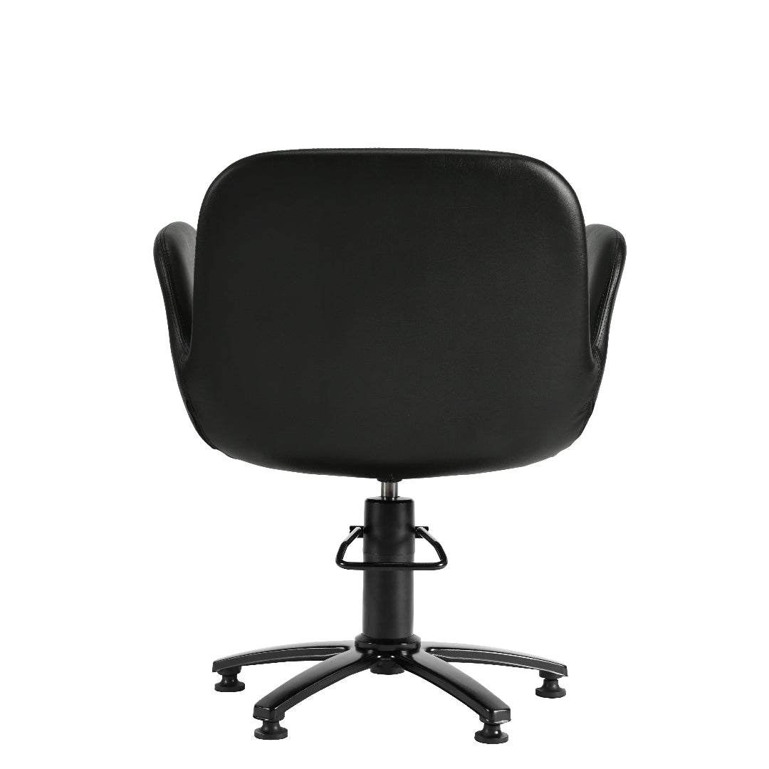 A black upholstered office chair with a rounded backrest, armrests, and a five-star wheeled base, shown against a plain white background.