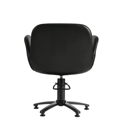 A black upholstered office chair with a rounded backrest, armrests, and a five-star wheeled base, shown against a plain white background.