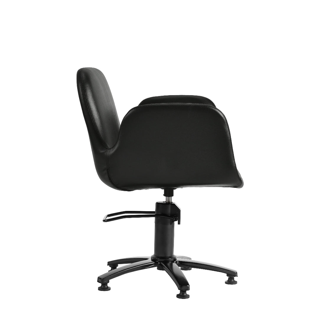 A black office chair with a molded seat and back, mounted on a black five-star wheeled base with a central column and footrest, shown against a plain white background.