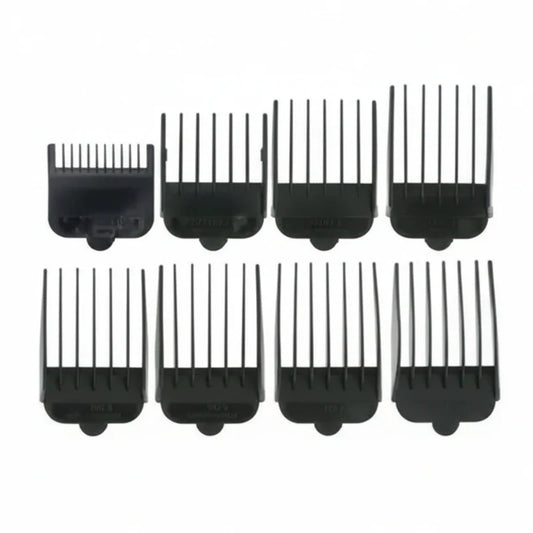 Set of black hair clipper combs on a white background